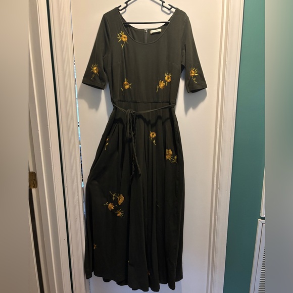 eshakti Pants - Beautiful Dark Green Jumpsuit with Yellow Floral Embroidery